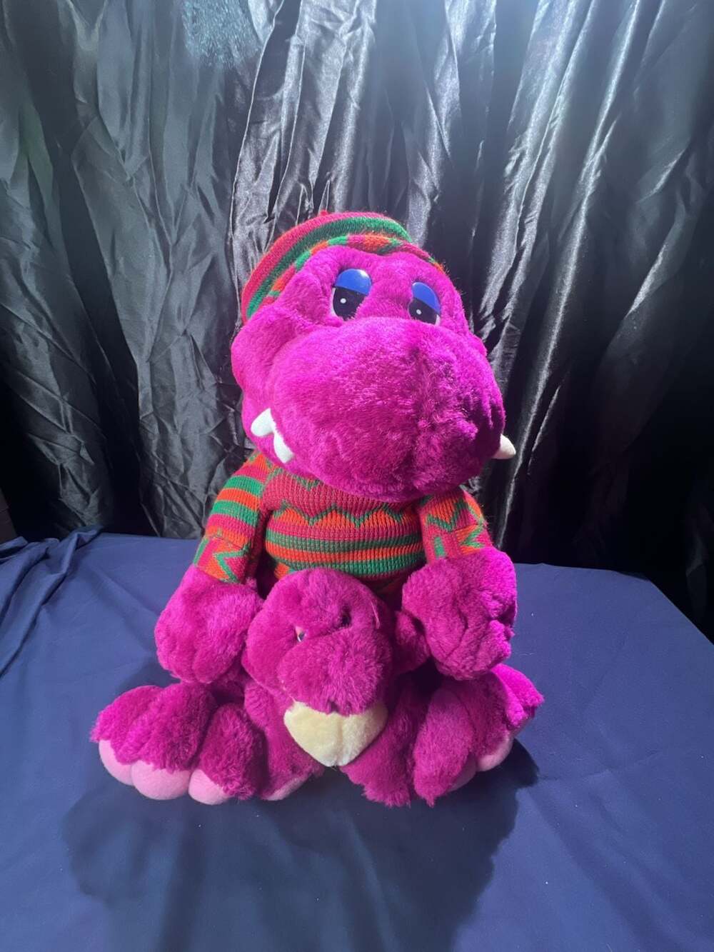 Vintage 1992 Dakin Barney the Dinosaur Plush with Christmas Sweater, Hat,